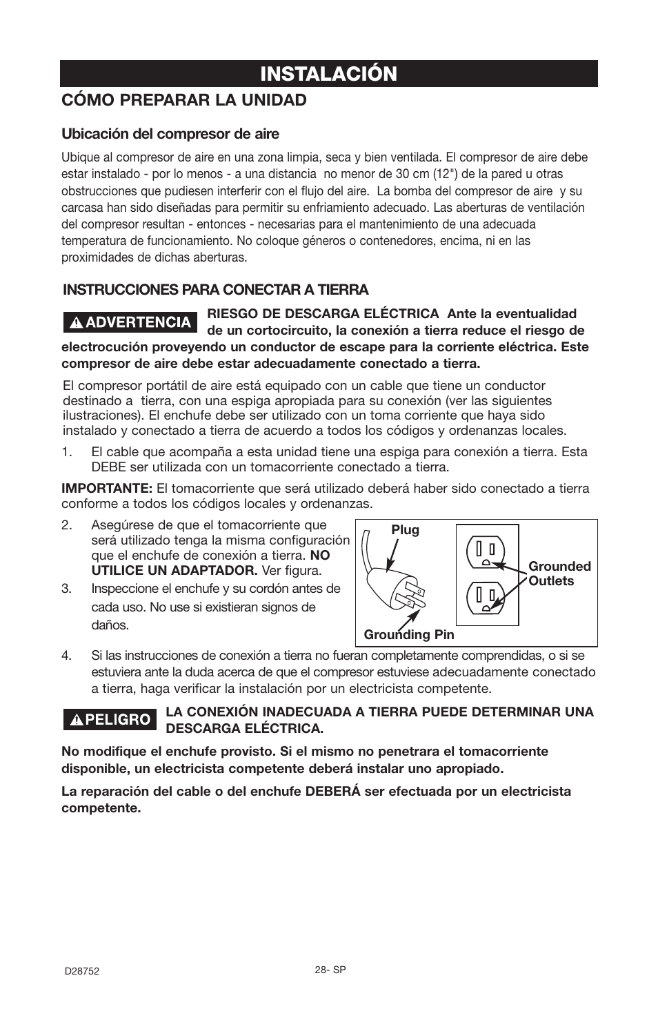 Instalación, Cómo preparar la unidad | Husky D28752 User Manual | Page 28 / 60
