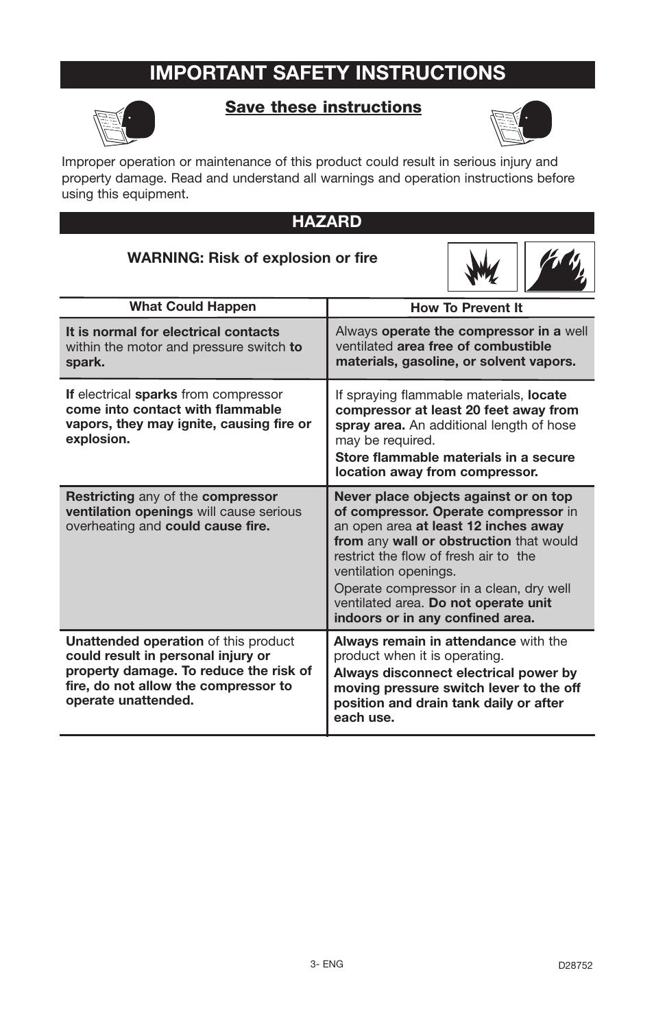 Important safety instructions, Save these instructions, Hazard | Husky D28752 User Manual | Page 3 / 60