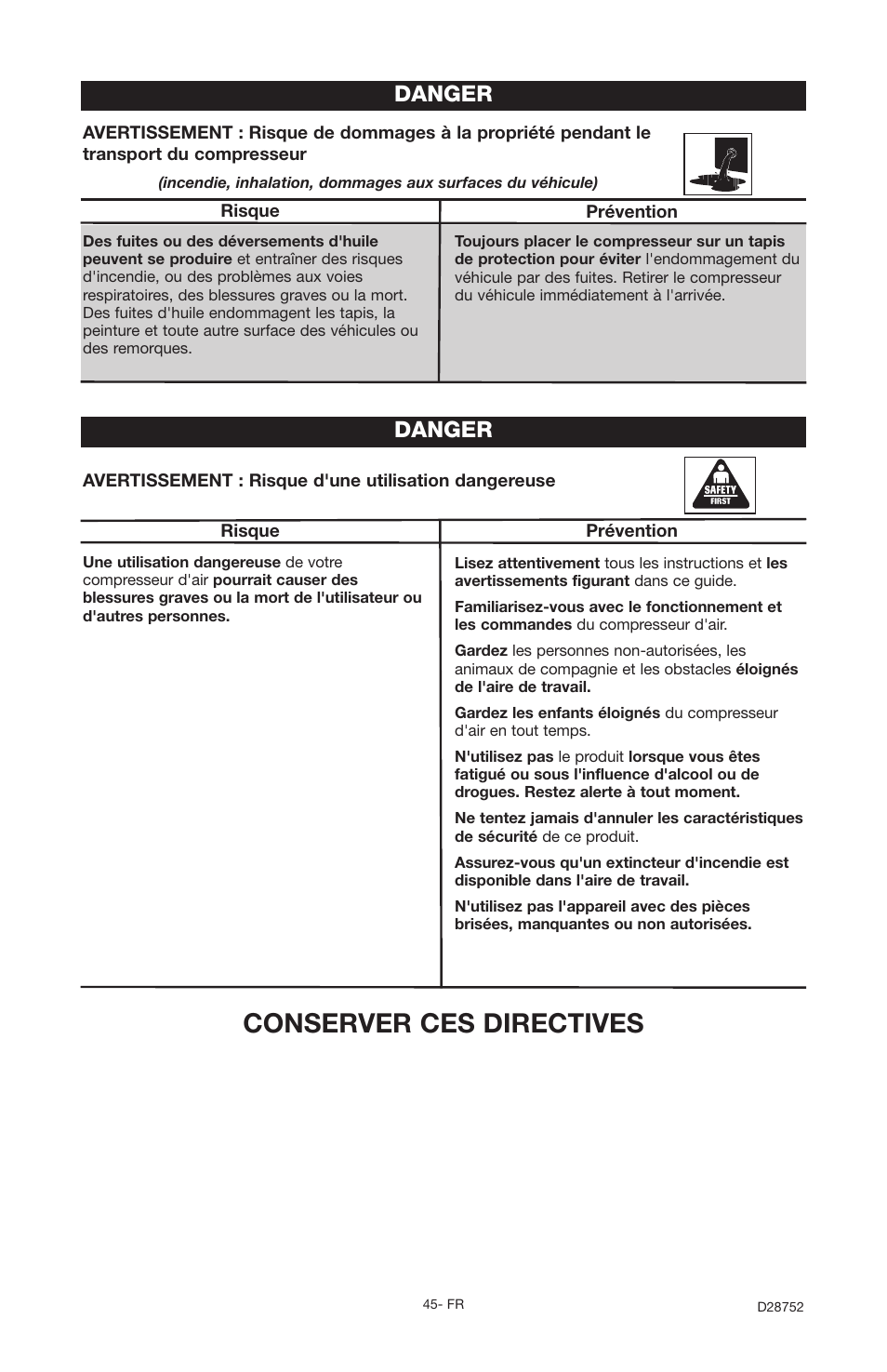 Conserver ces directives, Danger | Husky D28752 User Manual | Page 45 / 60