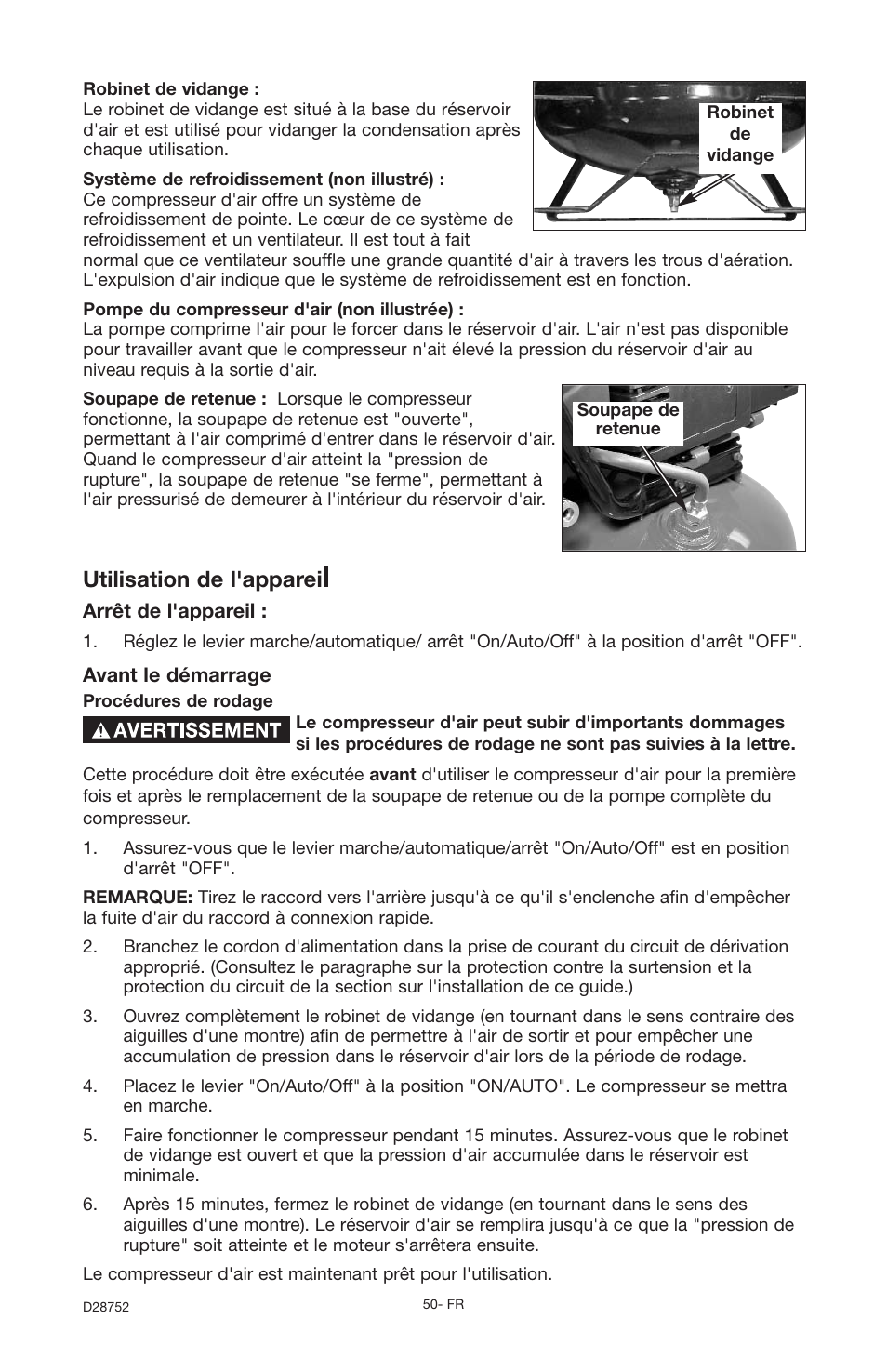 Utilisation de l'apparei | Husky D28752 User Manual | Page 50 / 60
