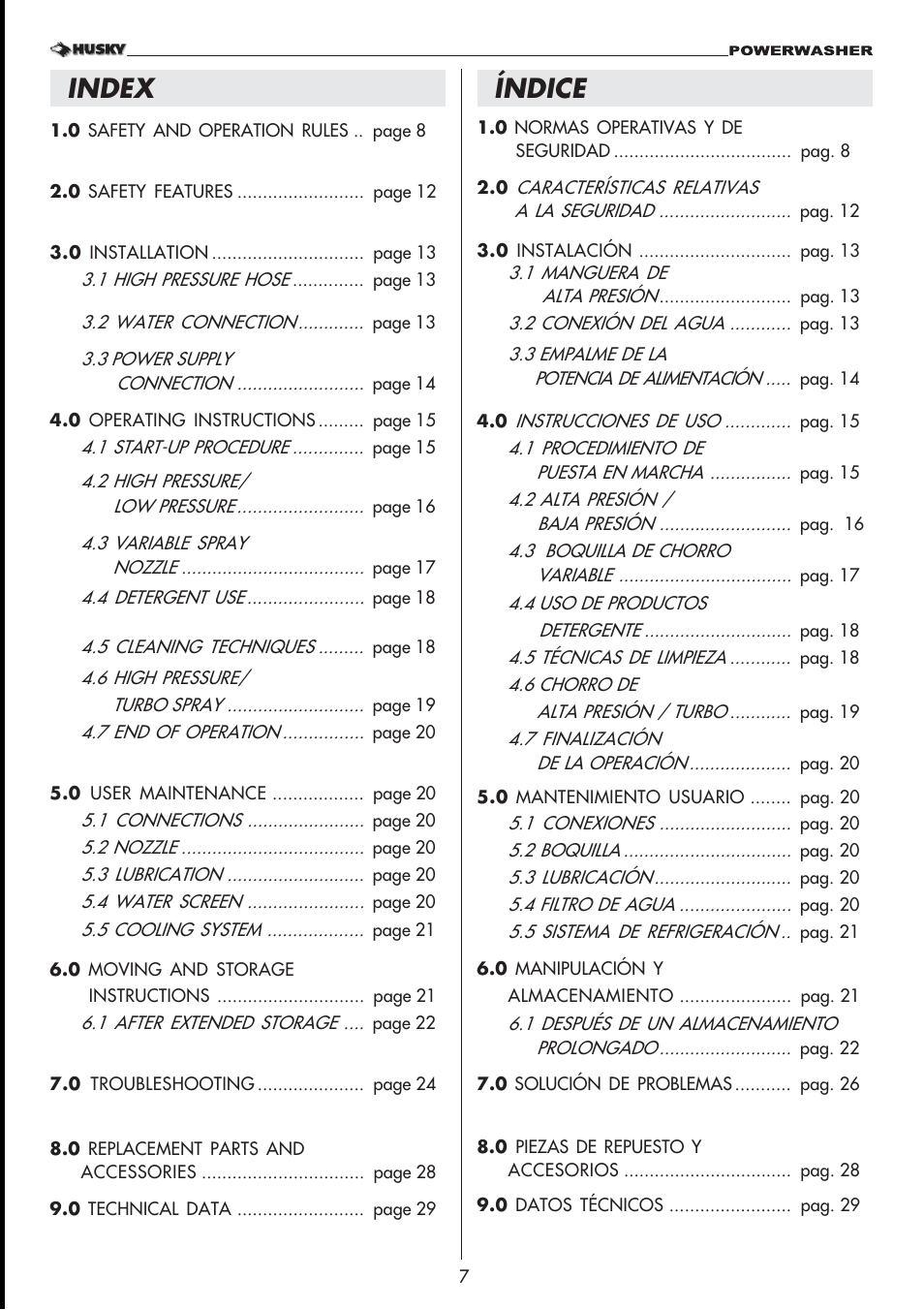 Index, Índice | Husky 1750 US User Manual | Page 7 / 32