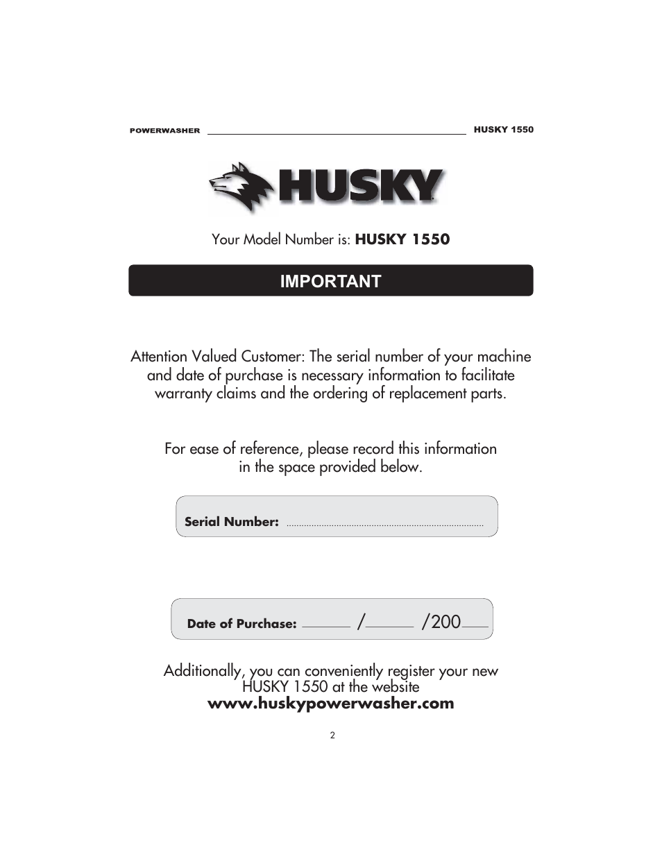 Important | Husky 1550 PSL User Manual | Page 2 / 32
