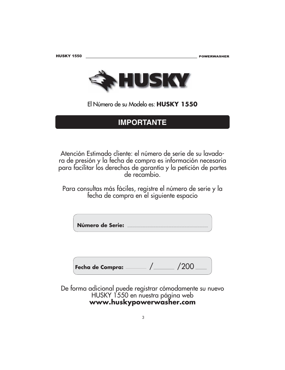 Importante | Husky 1550 PSL User Manual | Page 3 / 32