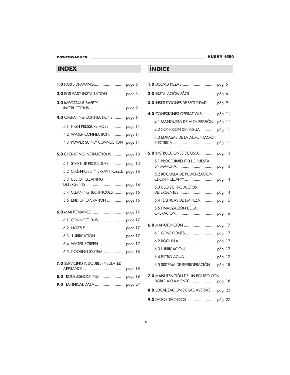 Index, Índice | Husky 1550 PSL User Manual | Page 4 / 32