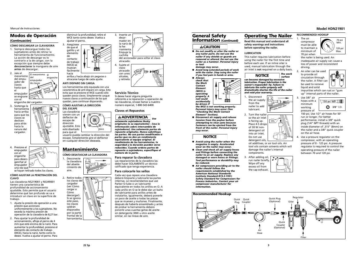 General safety information, Operating the nailer, Modos de operación | Mantenimiento | Husky HDN21901 User Manual | Page 3 / 12