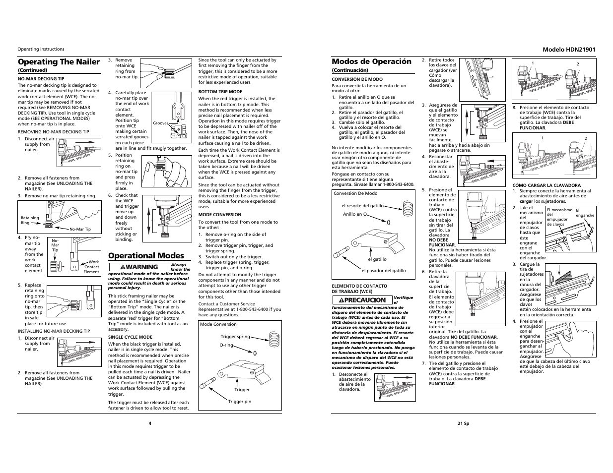Operating the nailer, Operational modes, Modos de operación | Husky HDN21901 User Manual | Page 4 / 12