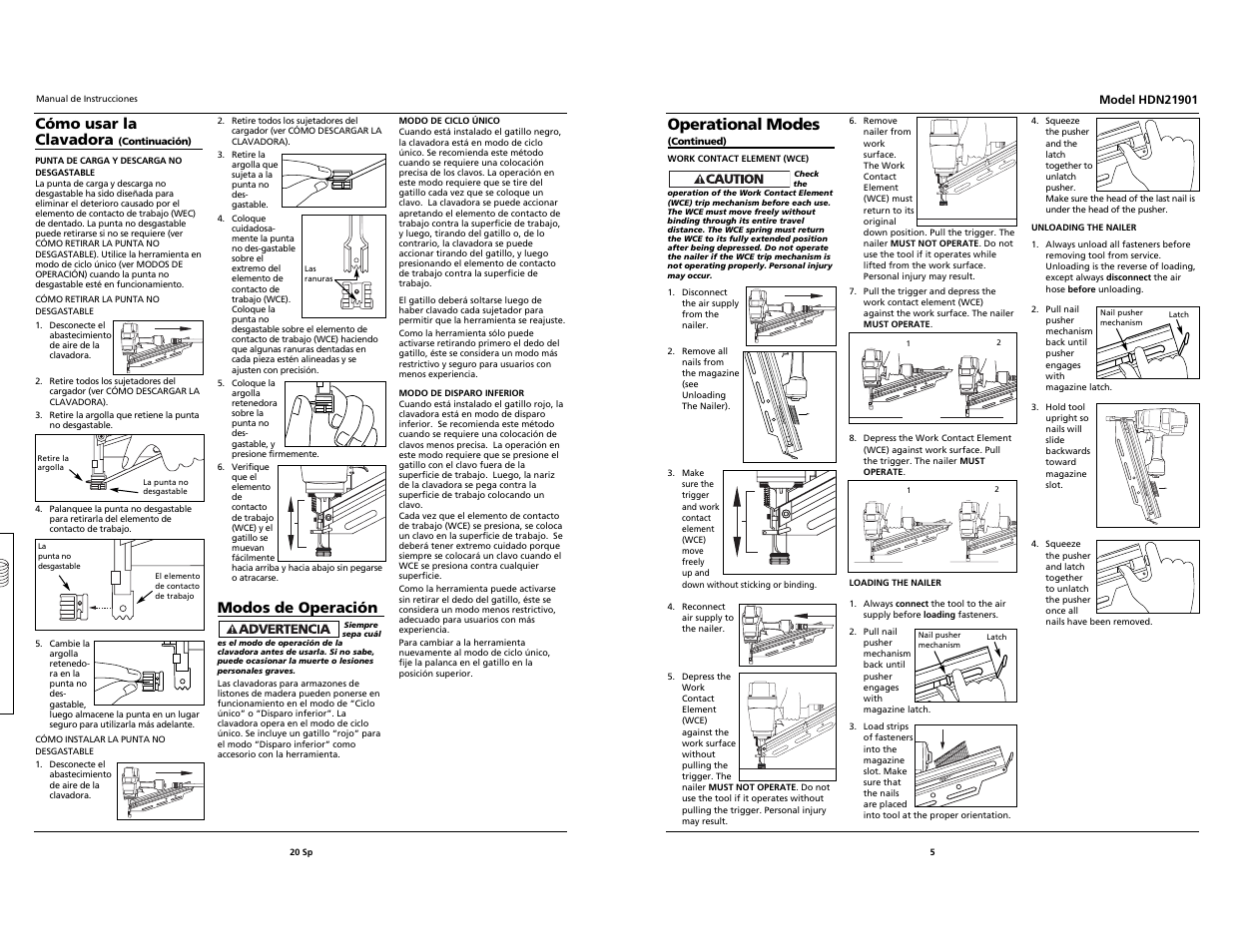 Operational modes, Cómo usar la clavadora, Modos de operación | Husky HDN21901 User Manual | Page 5 / 12