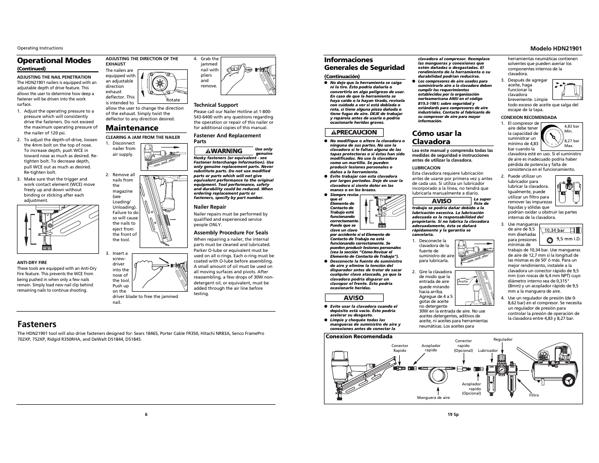 Fasteners, Operational modes, Maintenance | Cómo usar la clavadora | Husky HDN21901 User Manual | Page 6 / 12