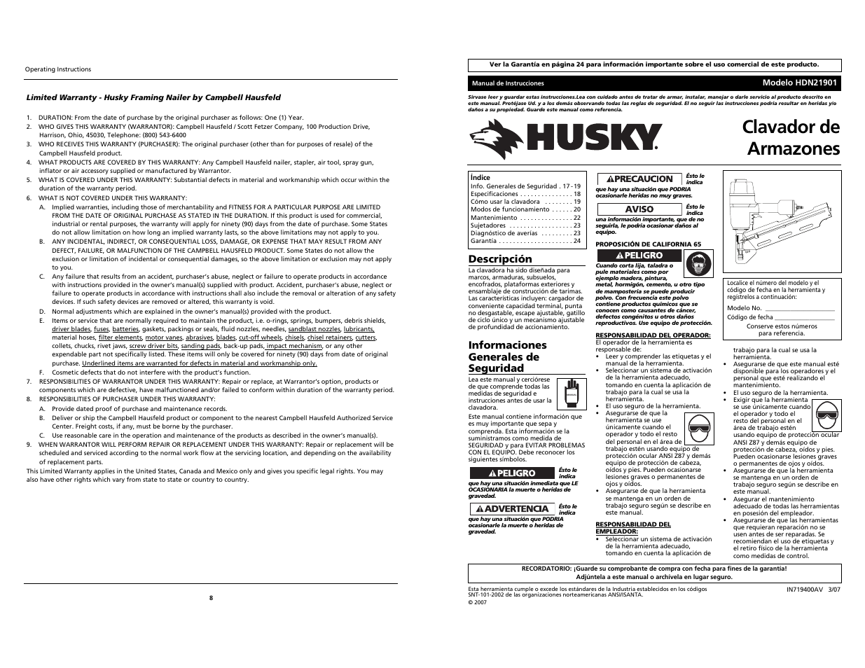 Clavador de armazones, Descripción, Informaciones generales de seguridad | Husky HDN21901 User Manual | Page 8 / 12