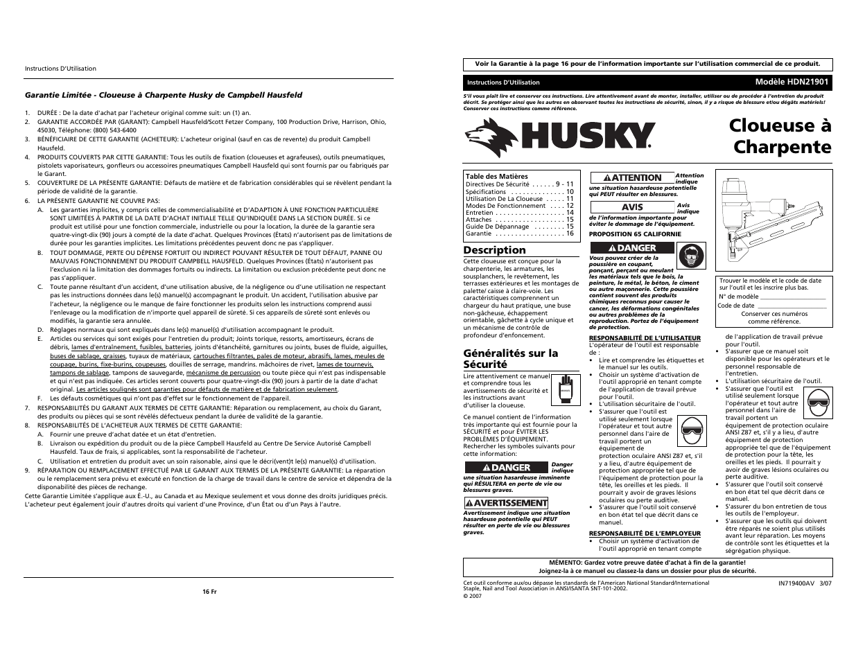 Cloueuse à charpente, Description, Généralités sur la sécurité | Husky HDN21901 User Manual | Page 9 / 12