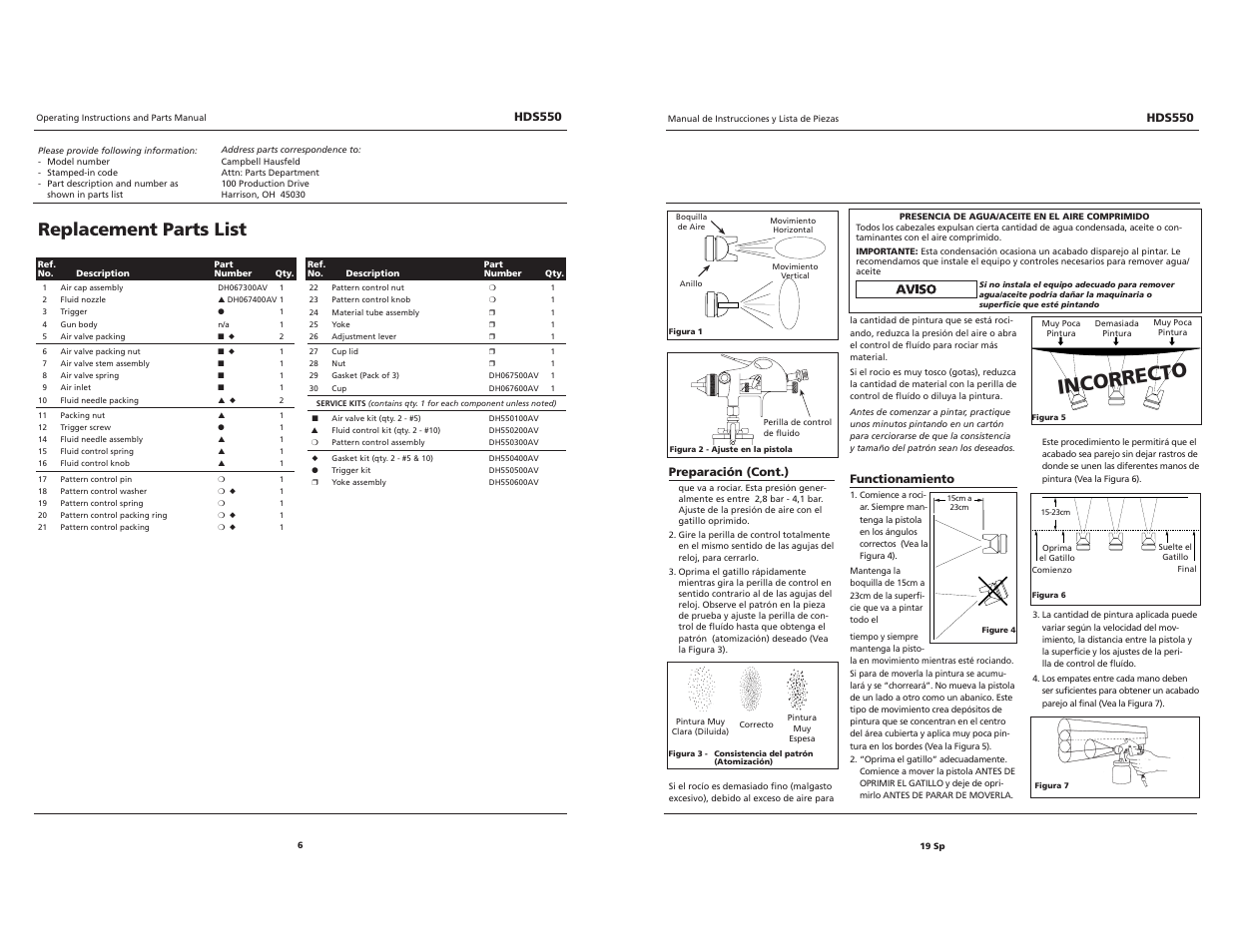 Incorrecto, Replacement parts list | Husky DETAIL SPRAY GUN HDS550 User Manual | Page 6 / 12