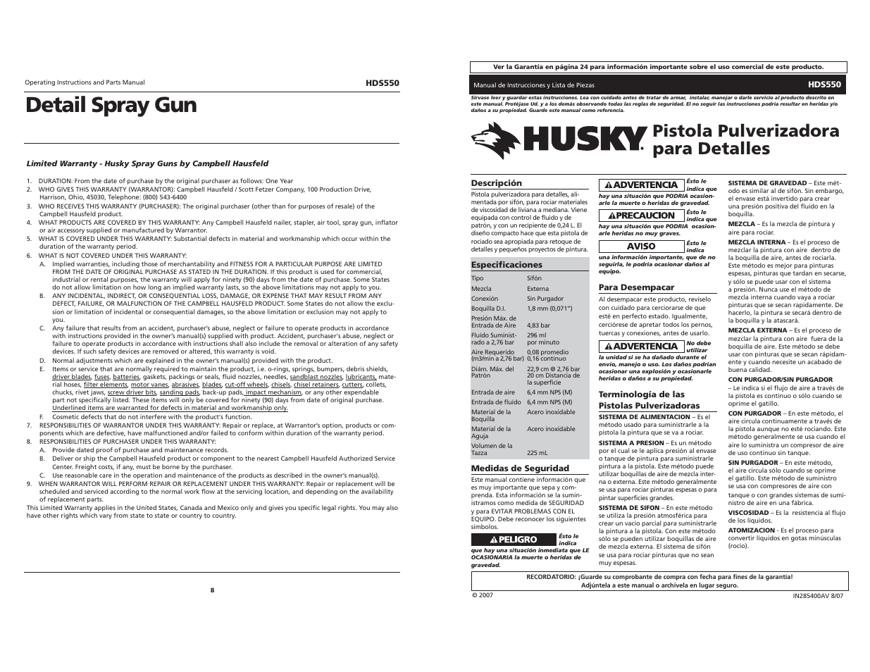 Detail spray gun, Pistola pulverizadora para detalles | Husky DETAIL SPRAY GUN HDS550 User Manual | Page 8 / 12