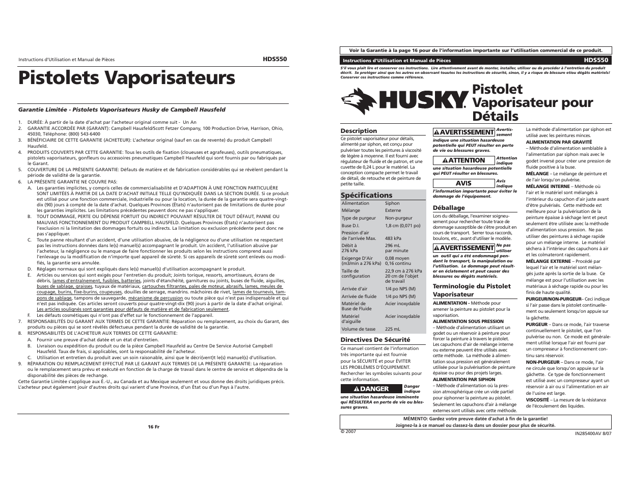 Pistolets vaporisateurs, Pistolet vaporisateur pour détails | Husky DETAIL SPRAY GUN HDS550 User Manual | Page 9 / 12