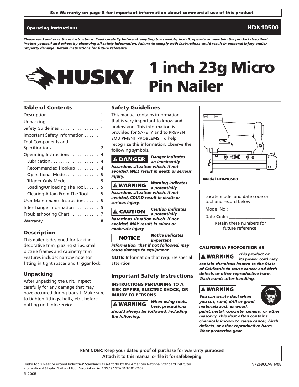 Husky HDN10500 User Manual | 16 pages