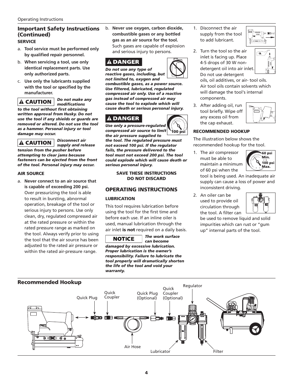 Important safety instructions (continued), Operating instructions, Recommended hookup | Husky HDN10500 User Manual | Page 4 / 16