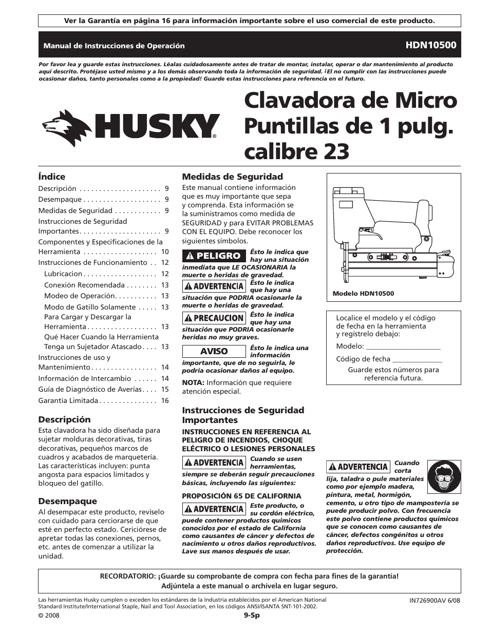 Clavadora de micro puntillas de 1 pulg. calibre 23 | Husky HDN10500 User Manual | Page 9 / 16
