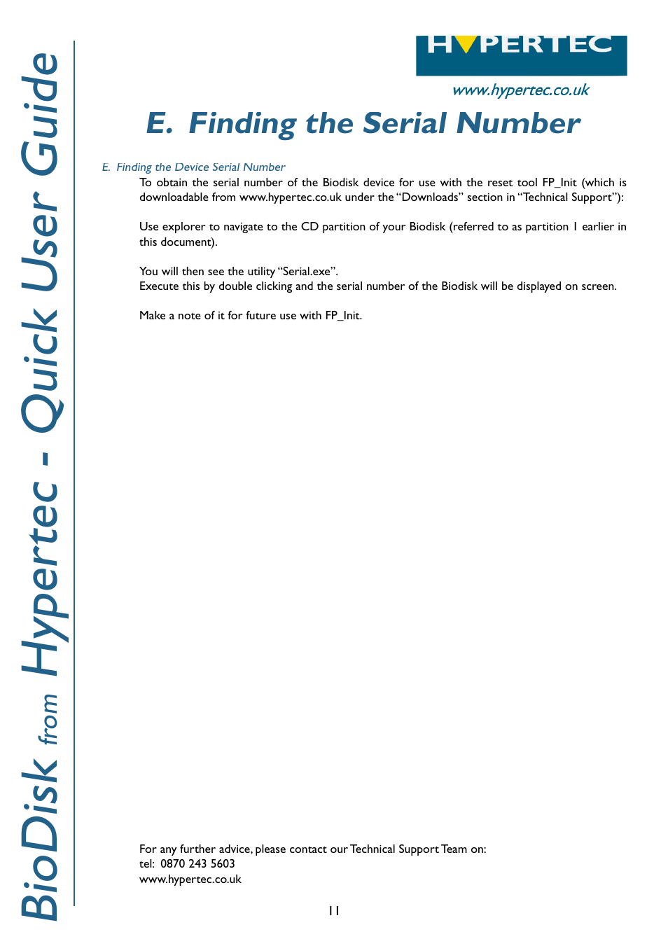 Biodisk, Hyper tec - quick user guide, E. finding the serial number | Hypertec BioDisk User Manual | Page 12 / 12