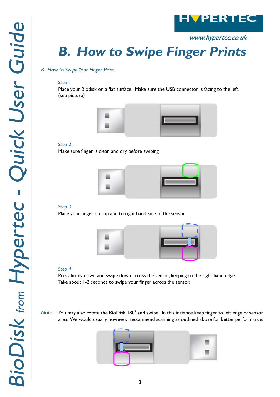 Biodisk, Hyper tec - quick user guide, B. how to swipe finger prints | Fr om | Hypertec BioDisk User Manual | Page 4 / 12