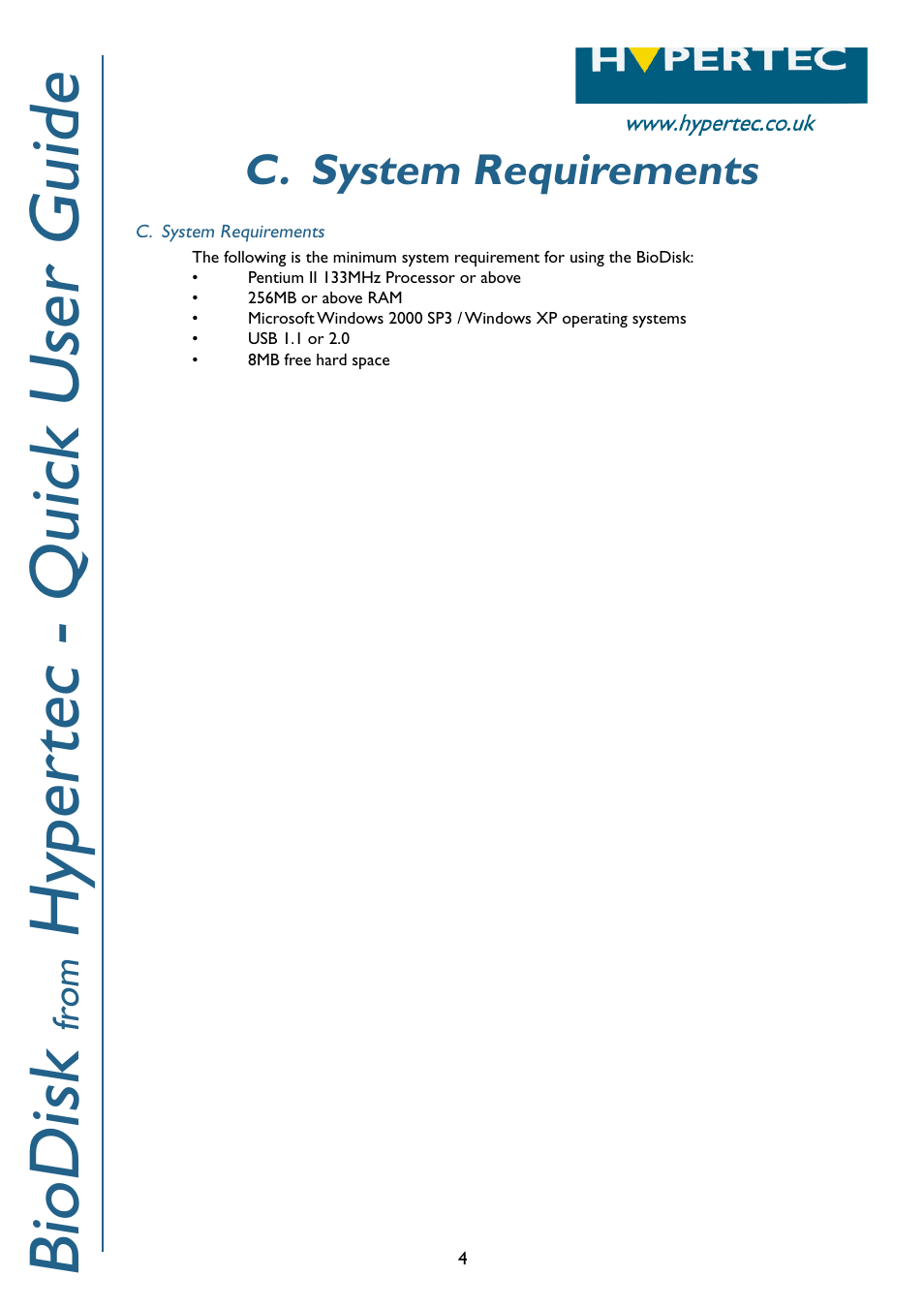Biodisk, Hyper tec - quick user guide, C. system requirements | Fr om | Hypertec BioDisk User Manual | Page 5 / 12