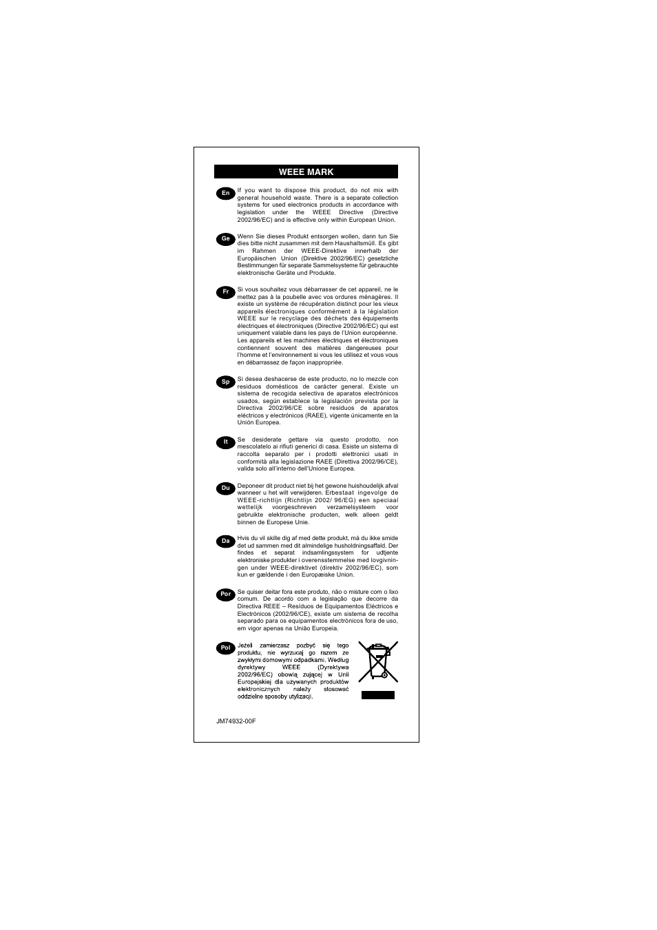 Weee mark | CITIZEN SDC-444S User Manual | Page 16 / 16