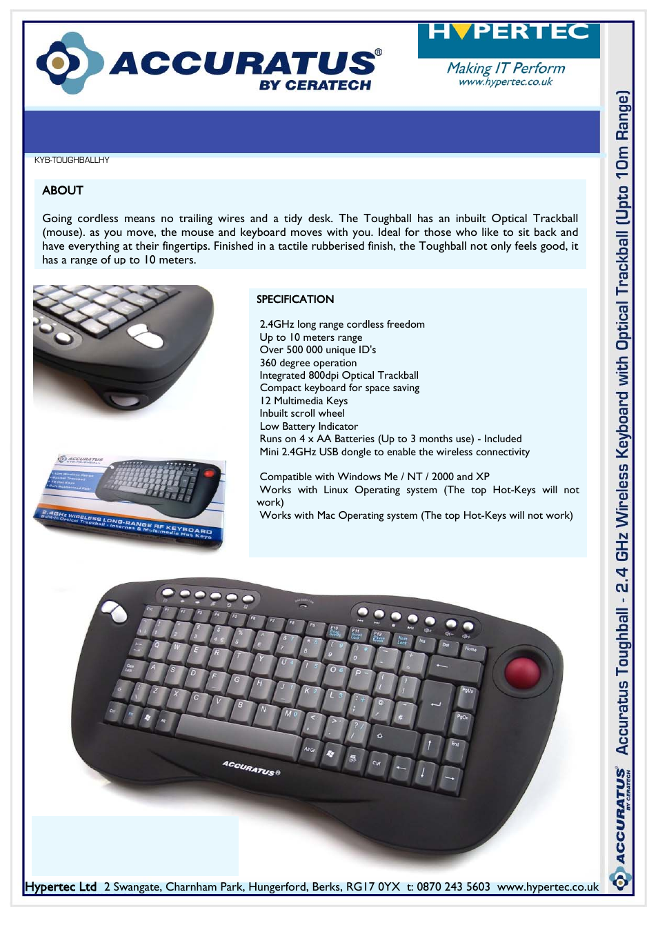 Hypertec Wireless Keyboard with Optical Trackball User Manual | 1 page