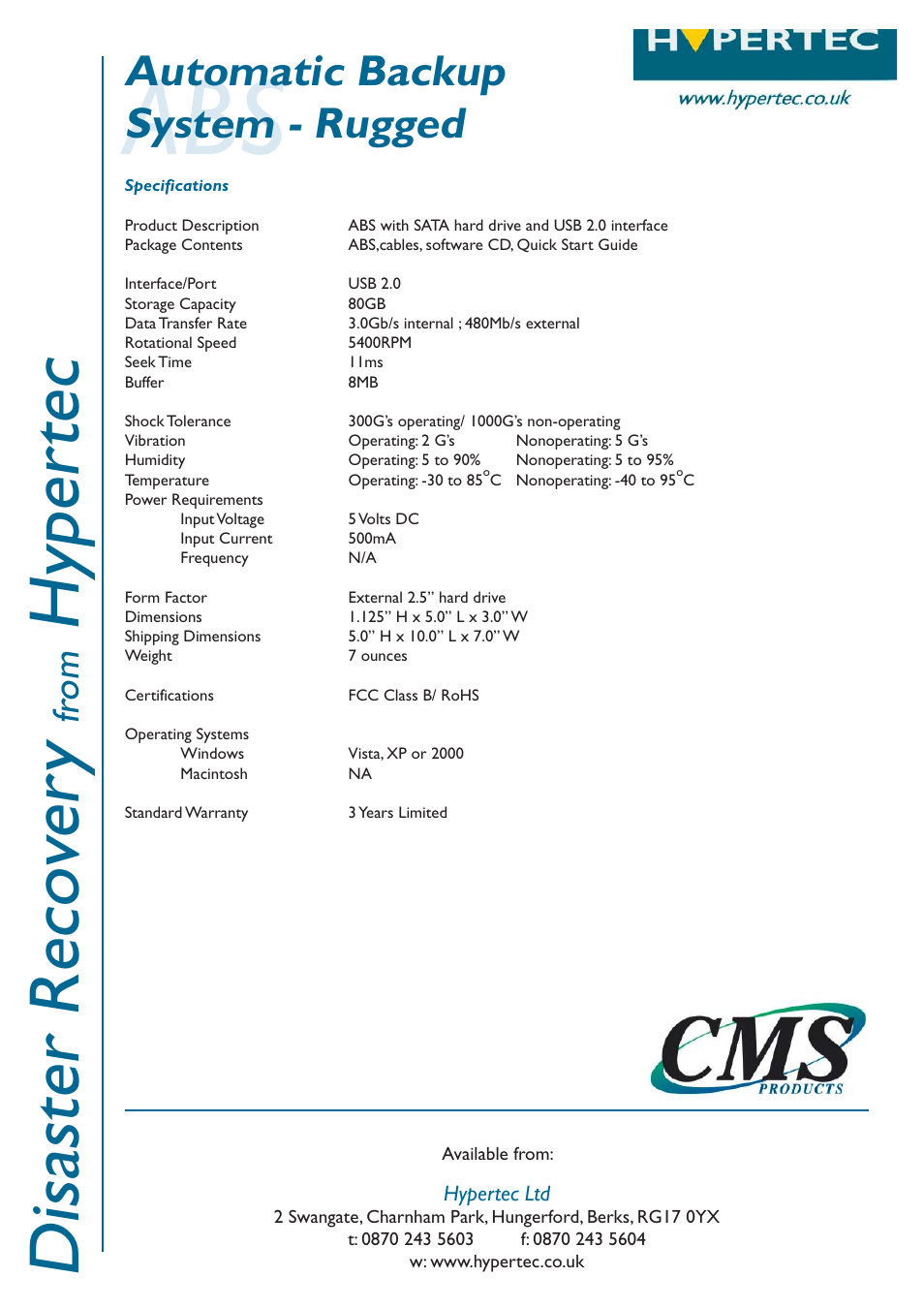 Disaster reco ve ry, Hyper tec, Automatic backup system - rugged | Fr om | Hypertec V2 ABS User Manual | Page 2 / 2