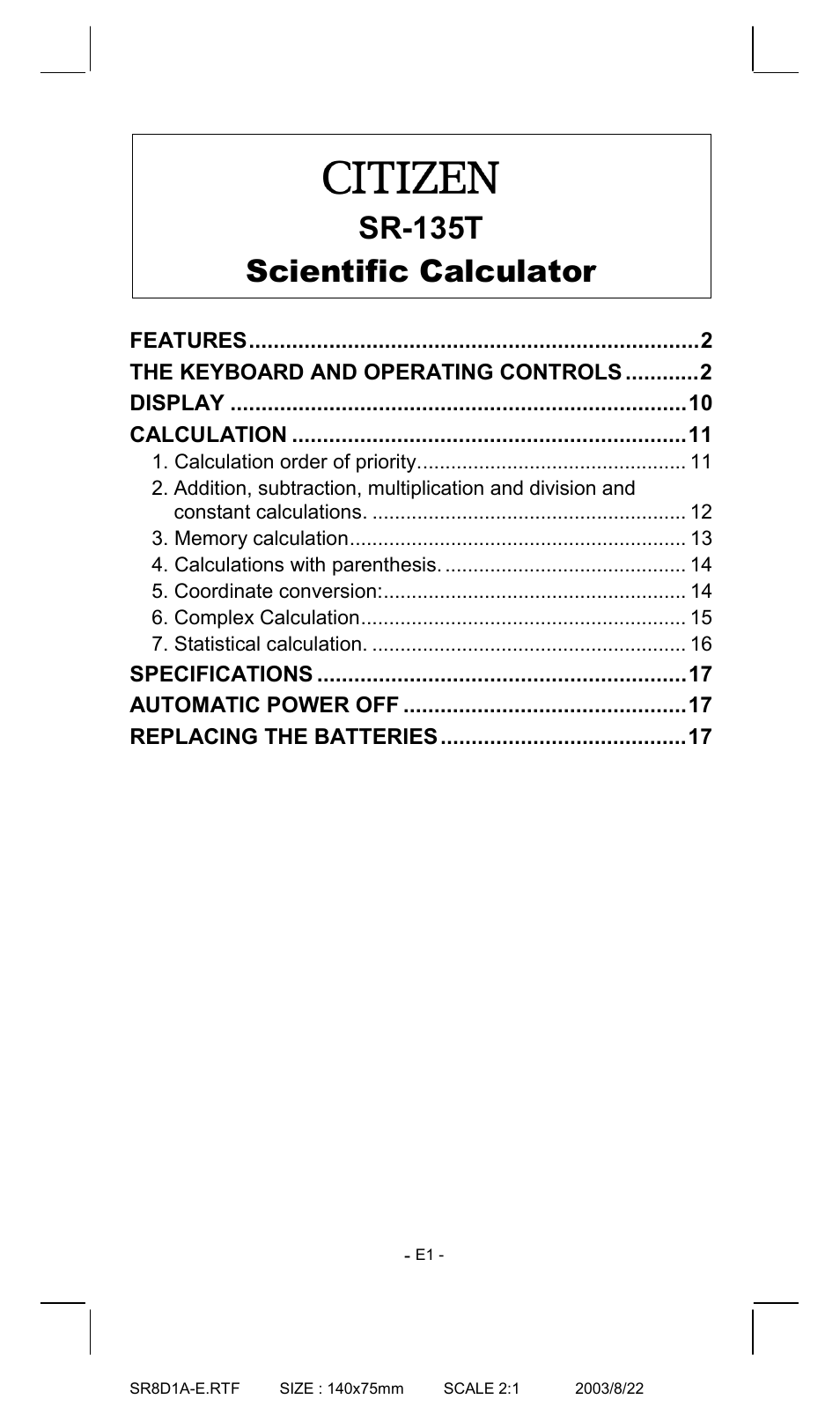 CITIZEN SR-135T User Manual | 18 pages