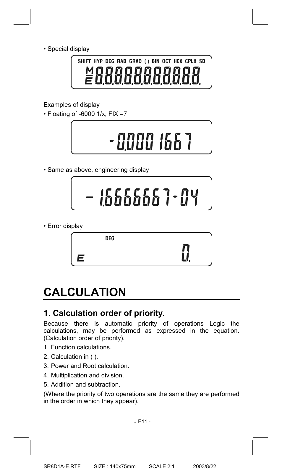 Calculation, Calculation order of priority | CITIZEN SR-135T User Manual | Page 11 / 18