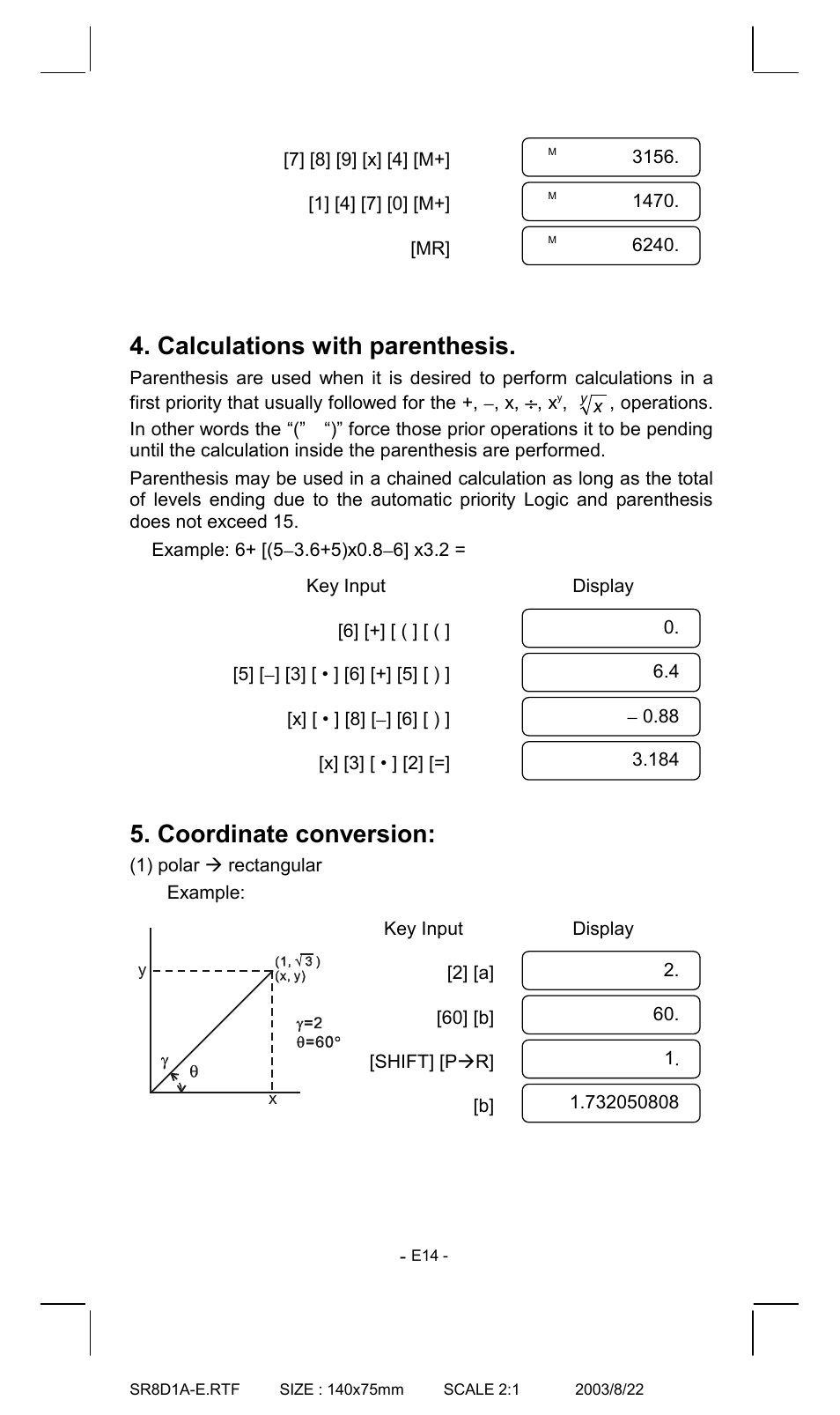 Calculations with parenthesis, Coordinate conversion | CITIZEN SR-135T User Manual | Page 14 / 18