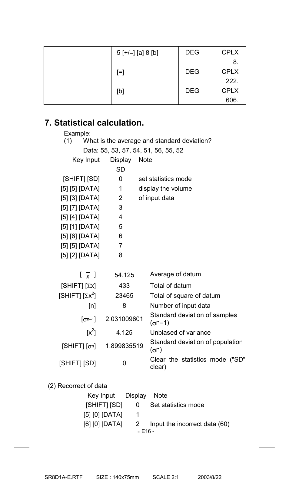 Statistical calculation | CITIZEN SR-135T User Manual | Page 16 / 18