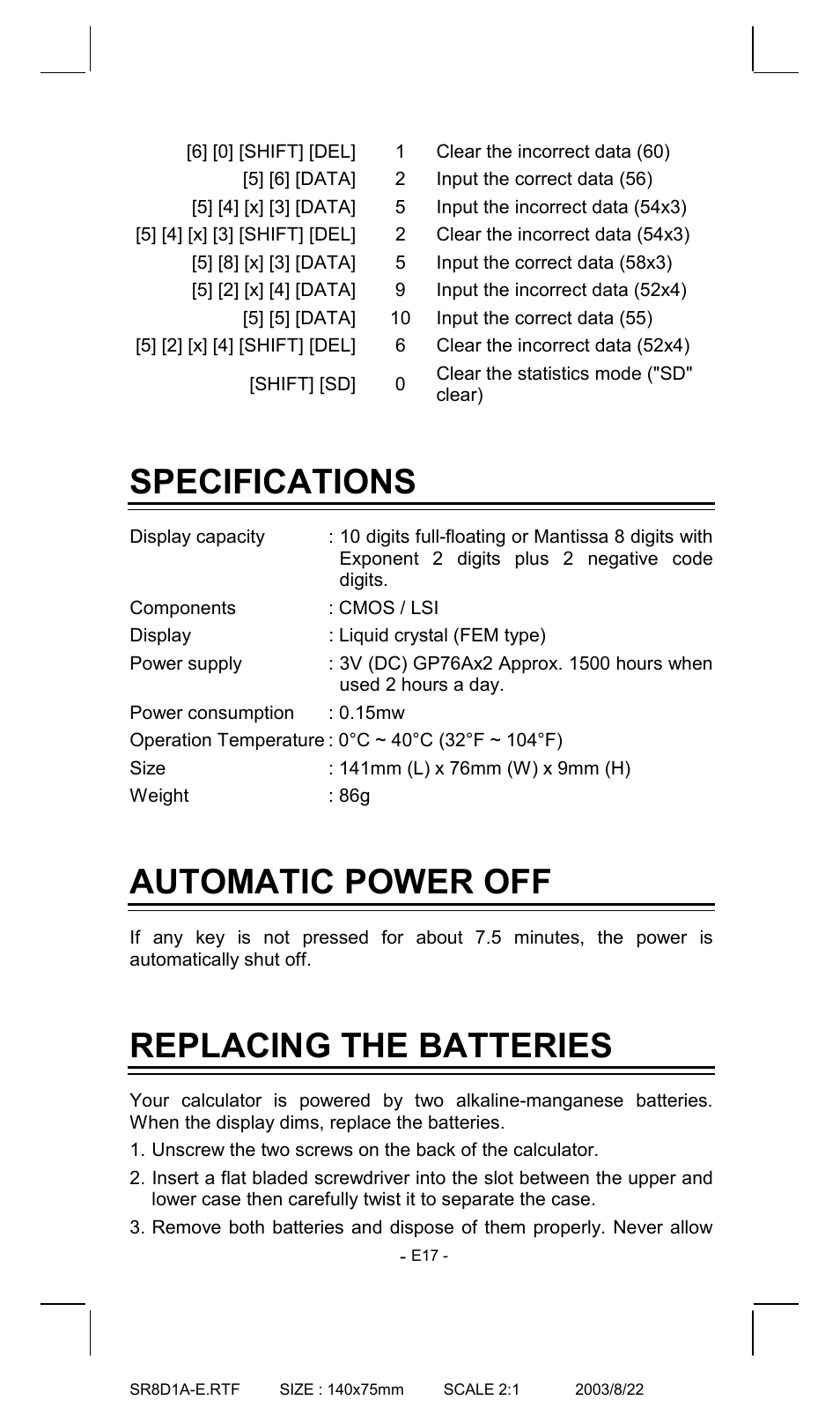 Specifications, Automatic power off, Replacing the batteries | CITIZEN SR-135T User Manual | Page 17 / 18