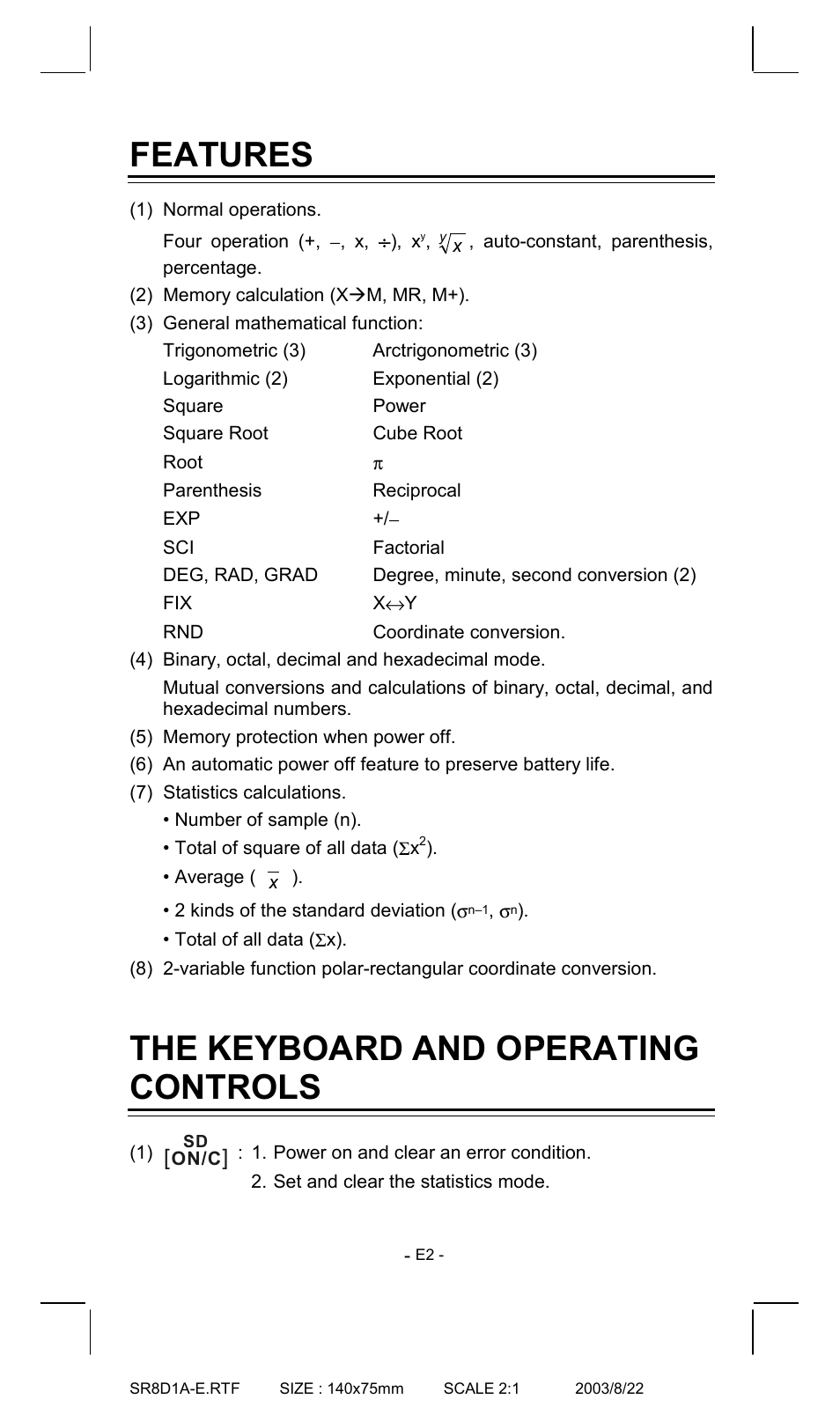 Features, The keyboard and operating controls | CITIZEN SR-135T User Manual | Page 2 / 18