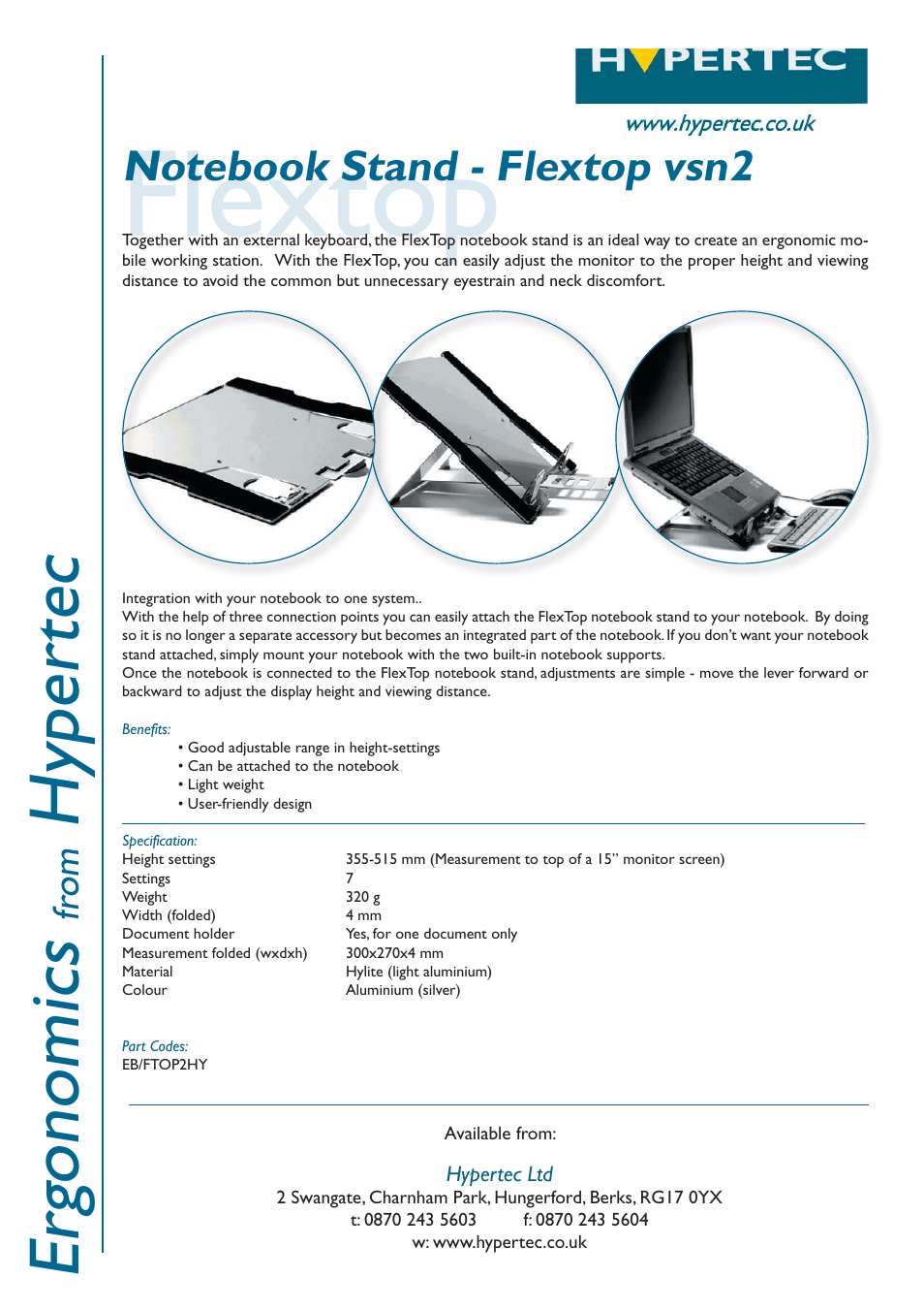 Hypertec Notebook Stand Flextop vsn2 User Manual | 1 page