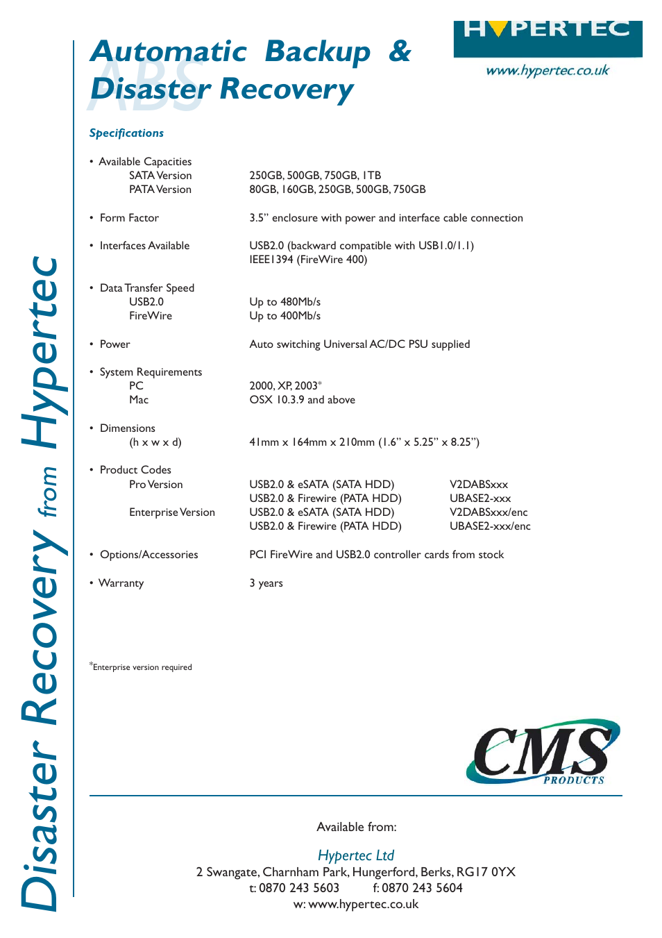 Disaster reco ve ry, Hyper tec, Automatic backup & disaster recovery | Fr om | Hypertec Automatic Backup System CMS ABS User Manual | Page 2 / 2