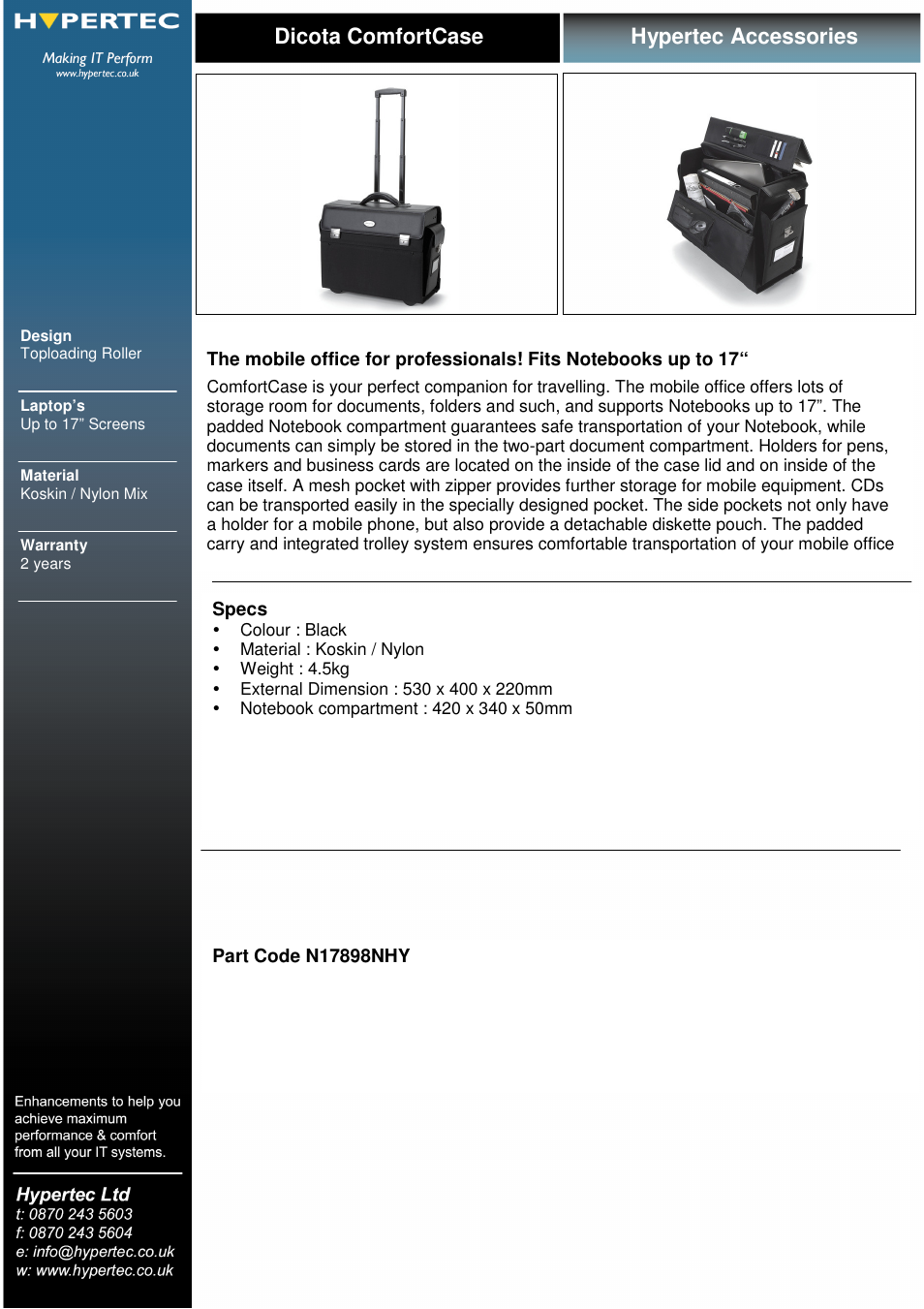 Hypertec Dicota ComfortCase N17898NHY User Manual | 1 page