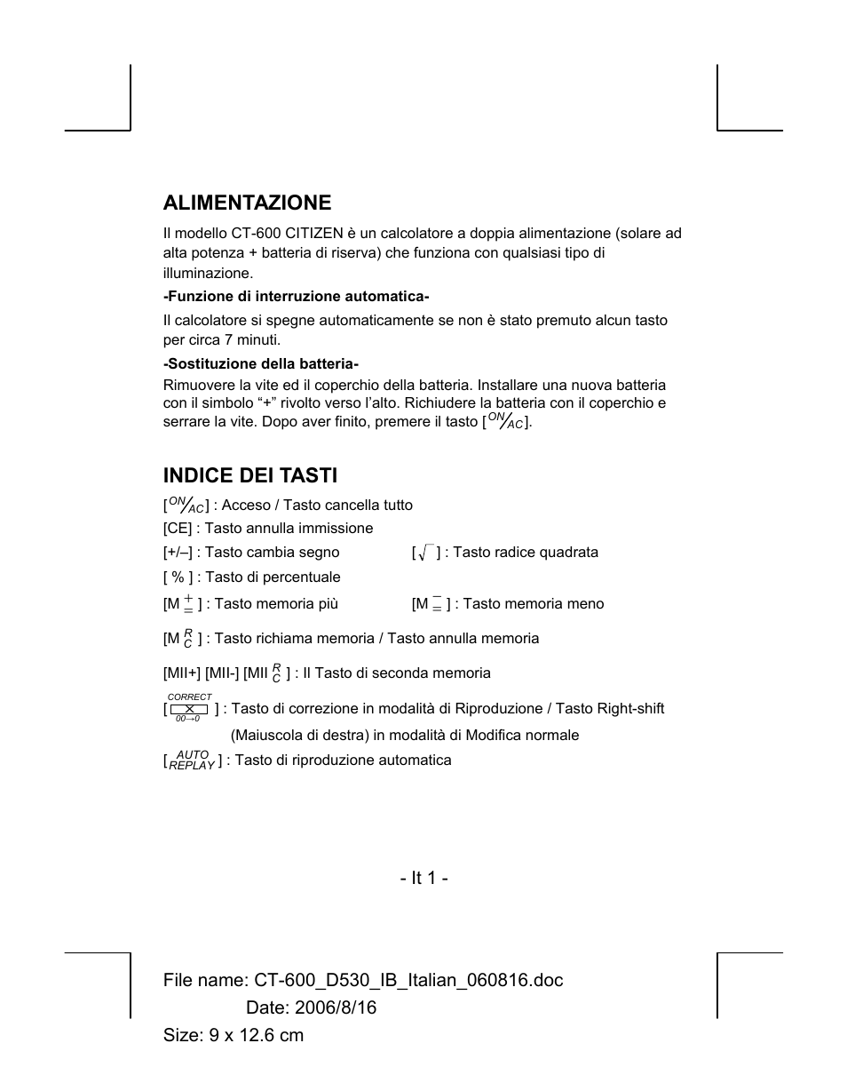 Alimentazione, Indice dei tasti, It 1 | CITIZEN CT-600J User Manual | Page 12 / 48