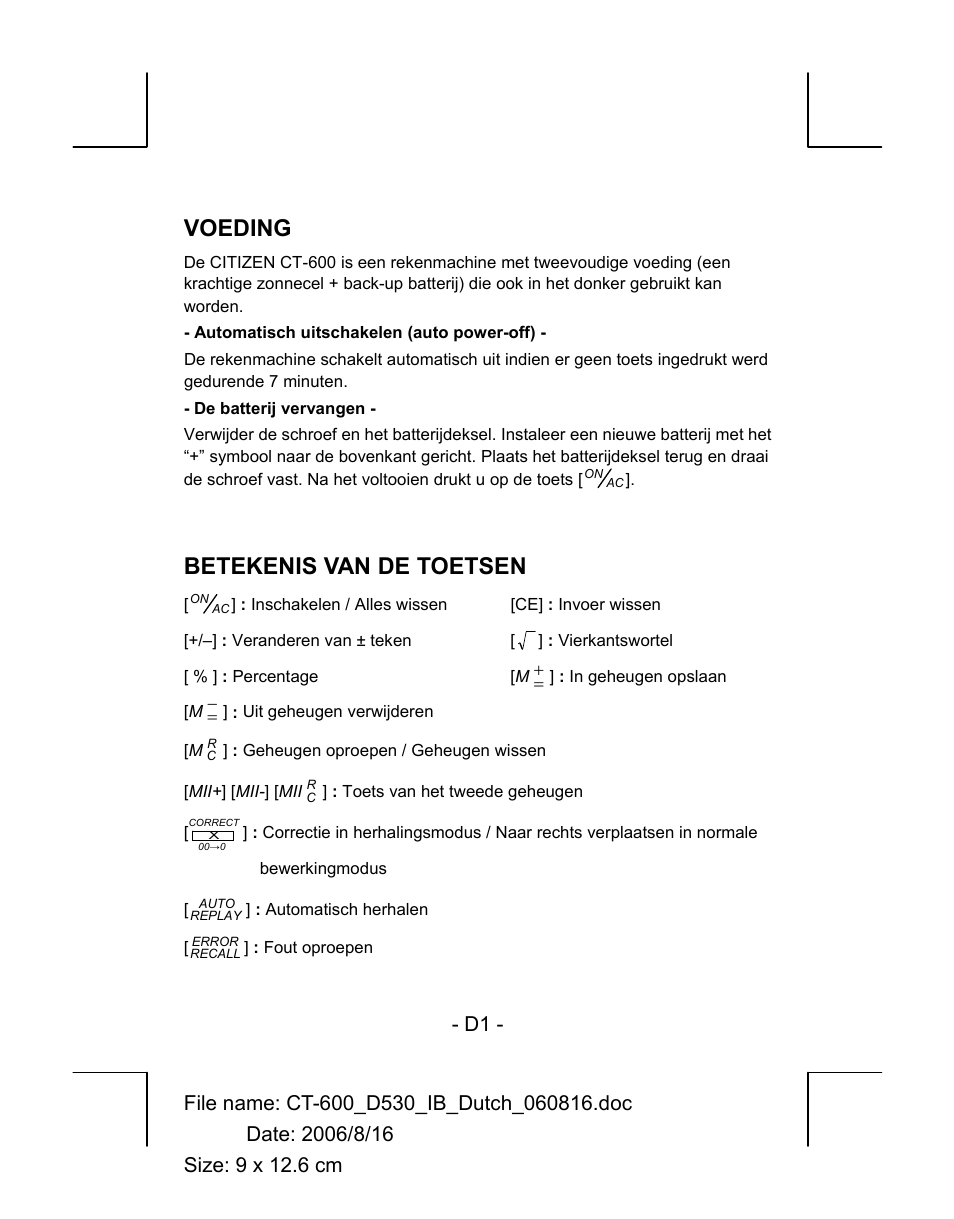 Voeding, Betekenis van de toetsen | CITIZEN CT-600J User Manual | Page 14 / 48