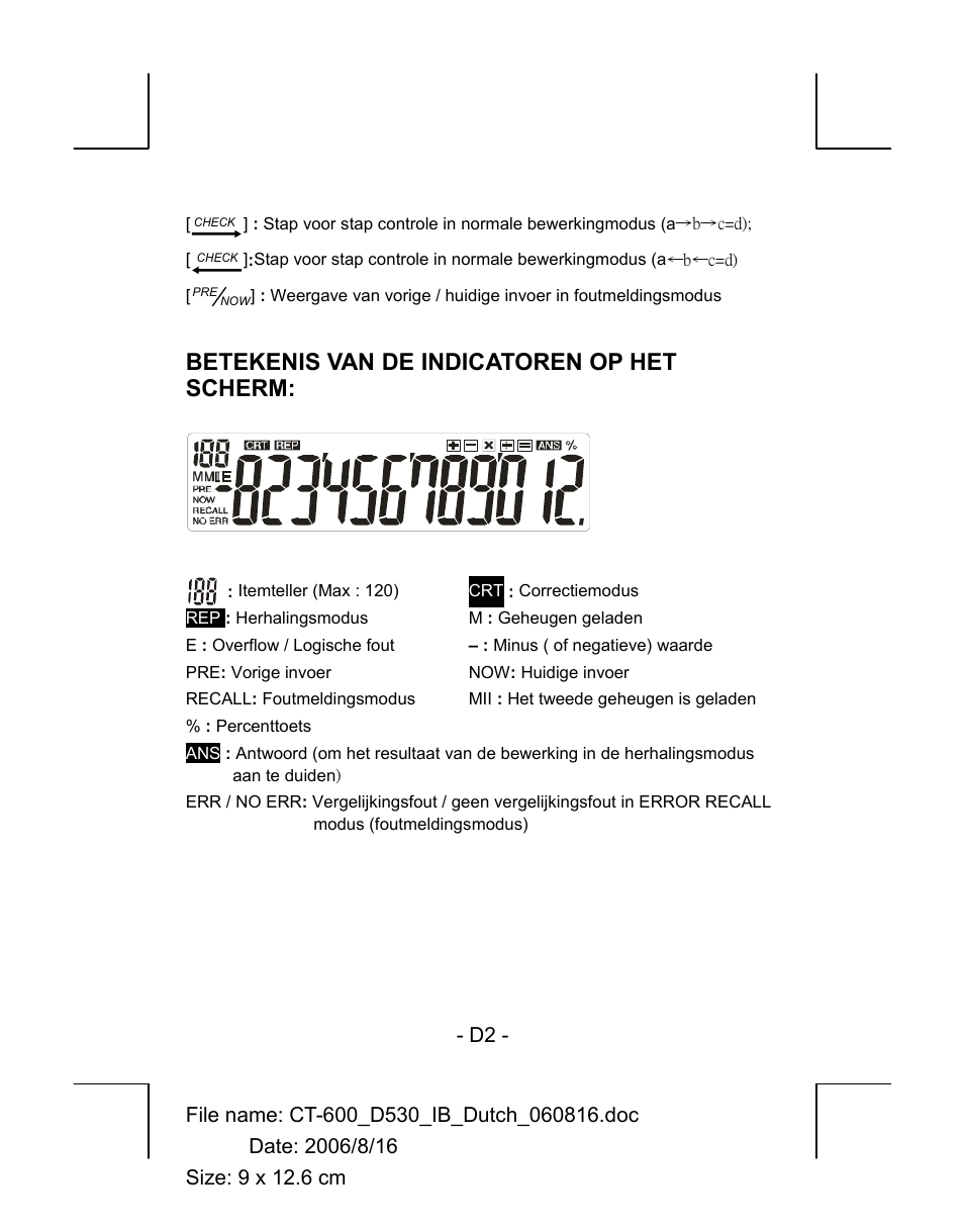 Betekenis van de indicatoren op het scherm | CITIZEN CT-600J User Manual | Page 15 / 48