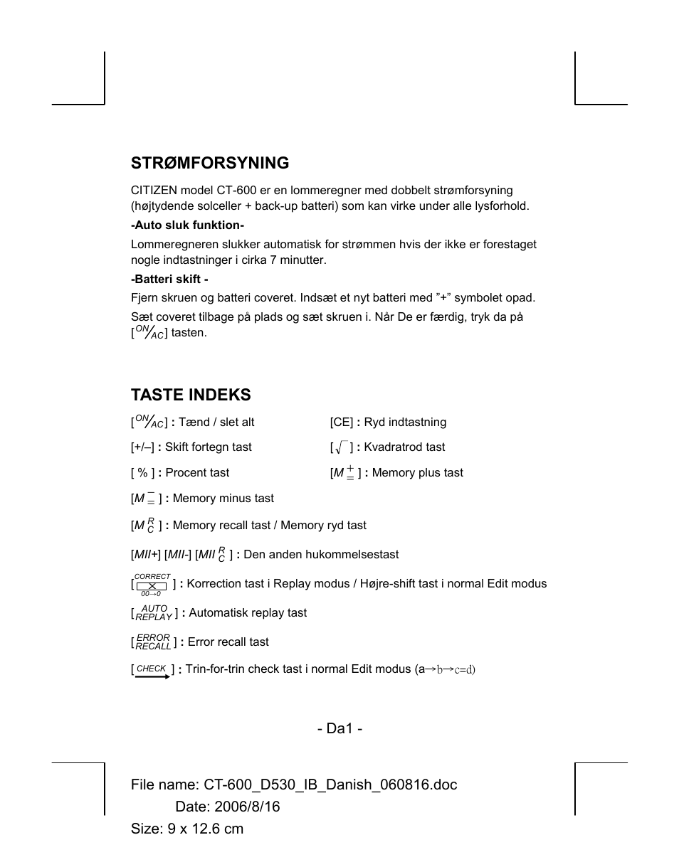Taste indeks, Strømforsyning | CITIZEN CT-600J User Manual | Page 16 / 48