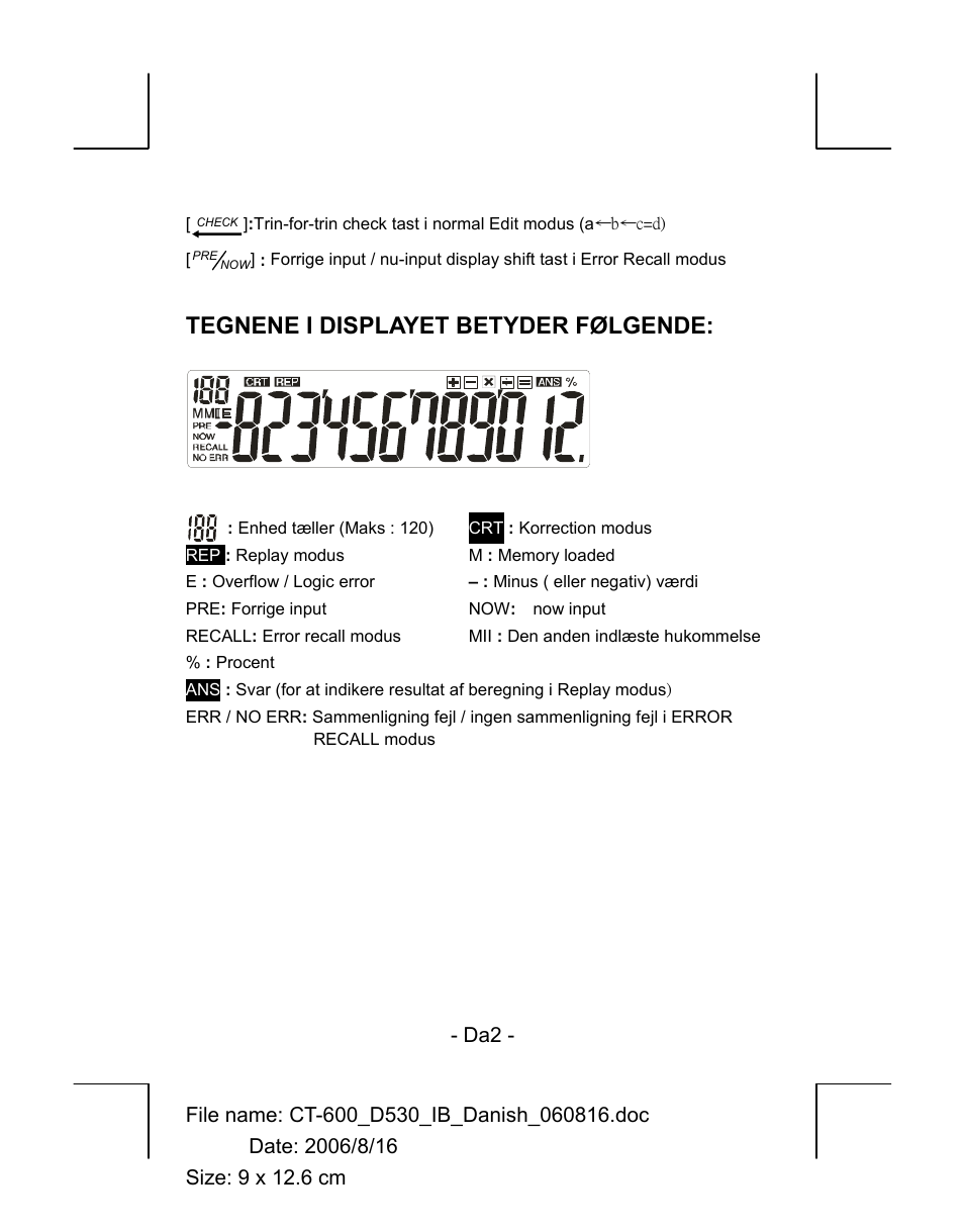 Tegnene i displayet betyder følgende | CITIZEN CT-600J User Manual | Page 17 / 48