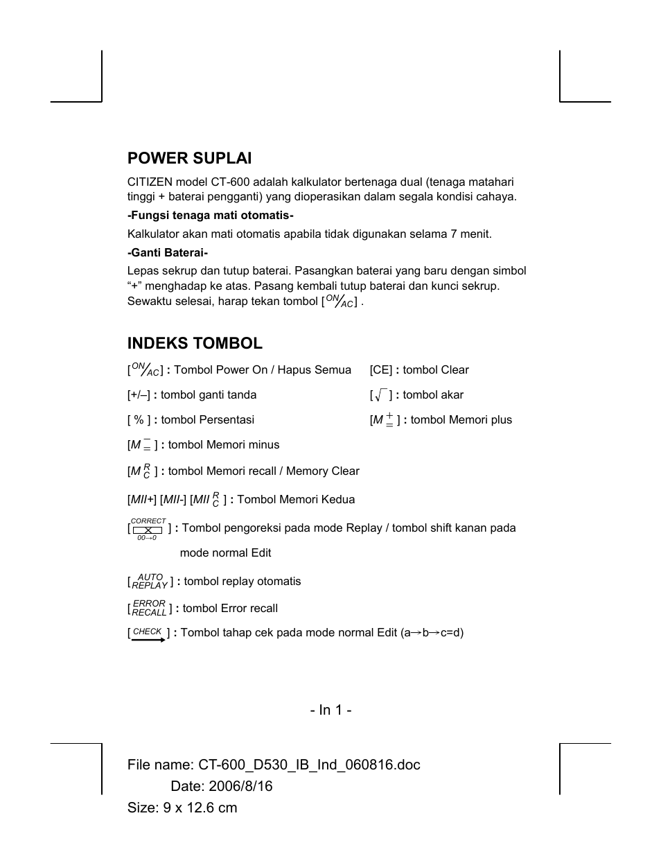 Power suplai, Indeks tombol | CITIZEN CT-600J User Manual | Page 24 / 48
