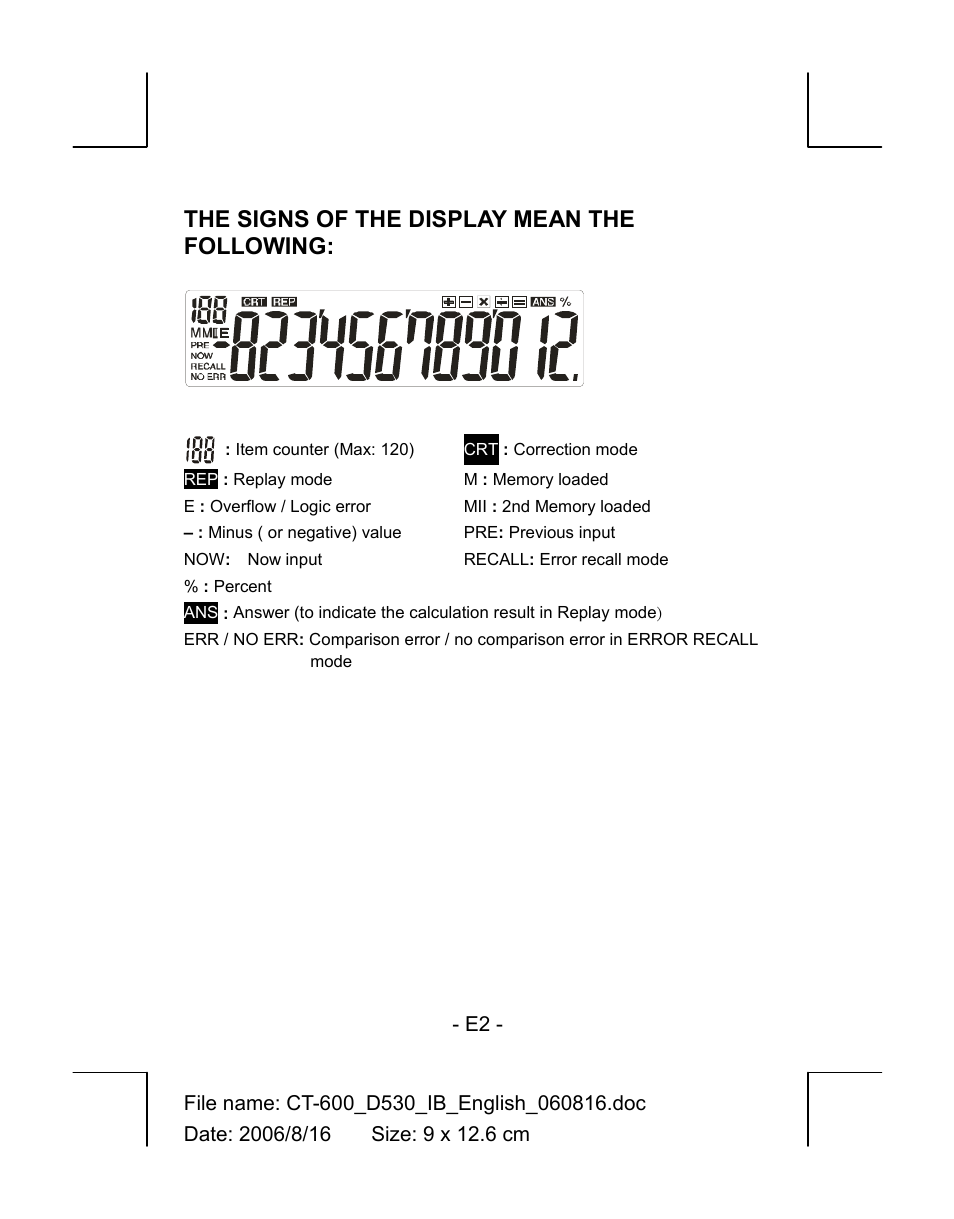 The signs of the display mean the following | CITIZEN CT-600J User Manual | Page 3 / 48