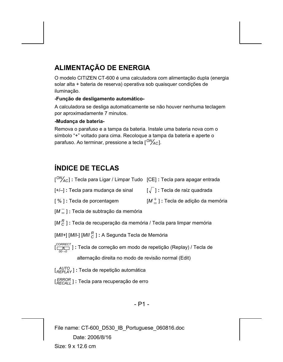 Alimentação de energia, Índice de teclas | CITIZEN CT-600J User Manual | Page 6 / 48