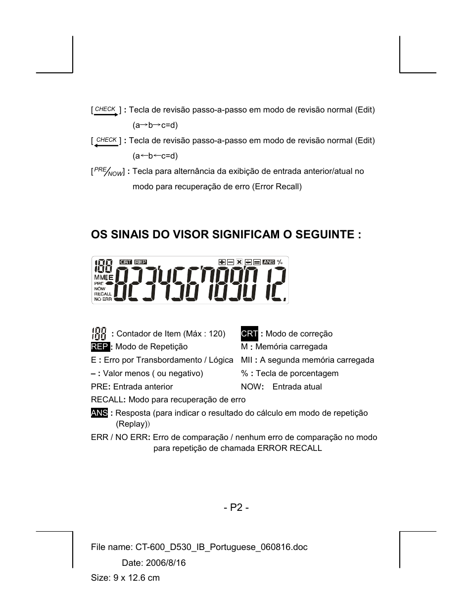 Os sinais do visor significam o seguinte | CITIZEN CT-600J User Manual | Page 7 / 48