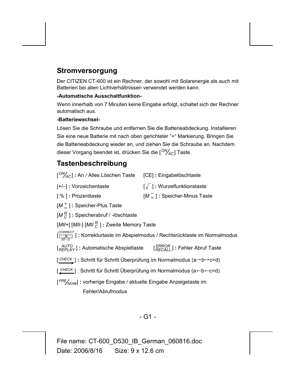 Stromversorgung, Tastenbeschreibung | CITIZEN CT-600J User Manual | Page 8 / 48