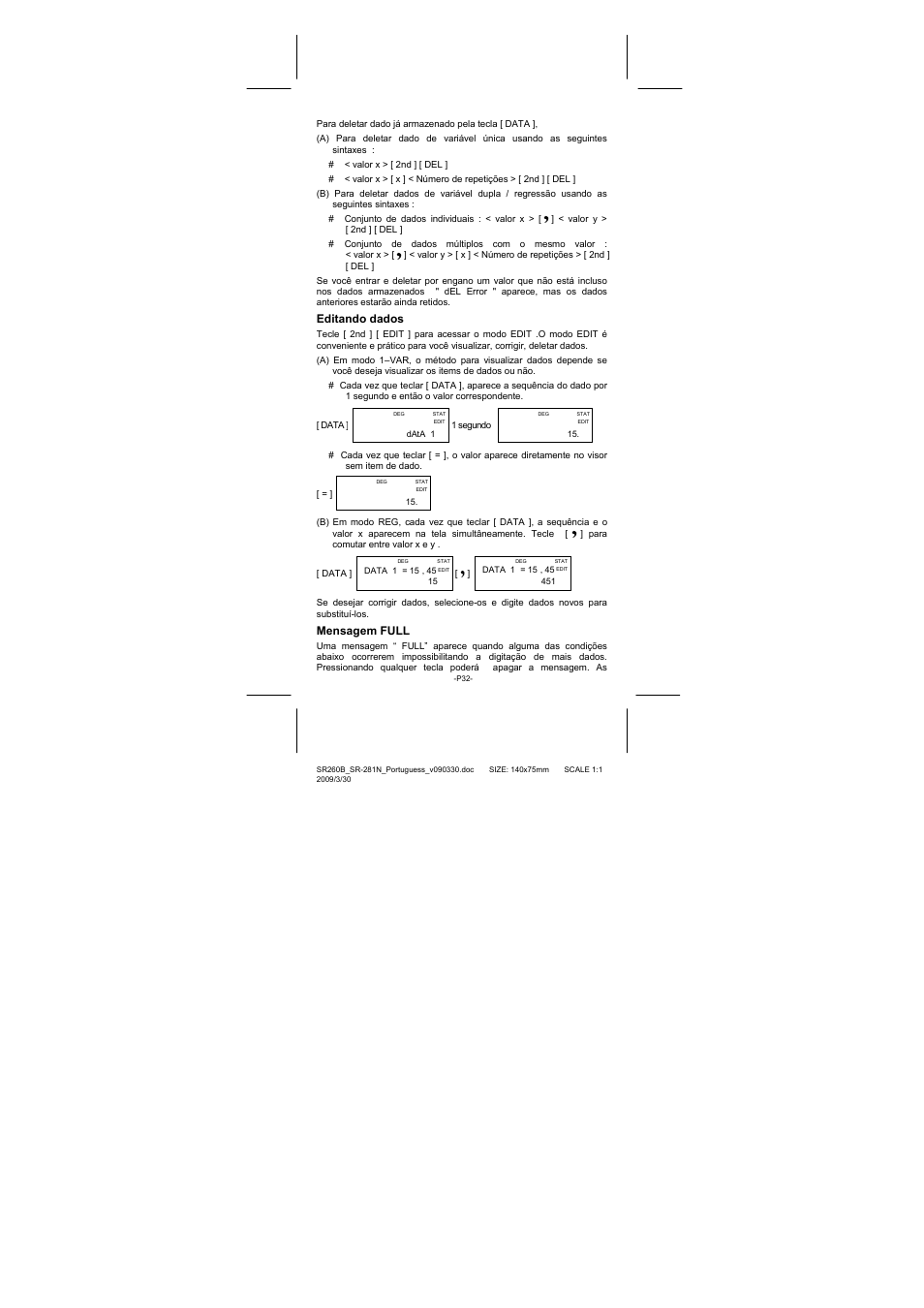 Editando dados, Mensagem full | CITIZEN SR-281N User Manual | Page 100 / 339