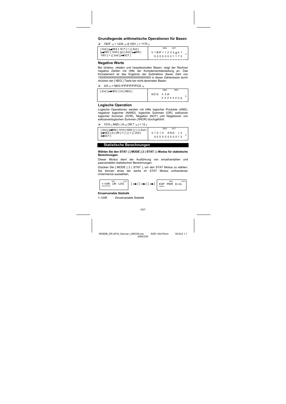 Grundlegende arithmetische operationen für basen, Negative werte, Logische operation | Statistische berechnungen | CITIZEN SR-281N User Manual | Page 128 / 339