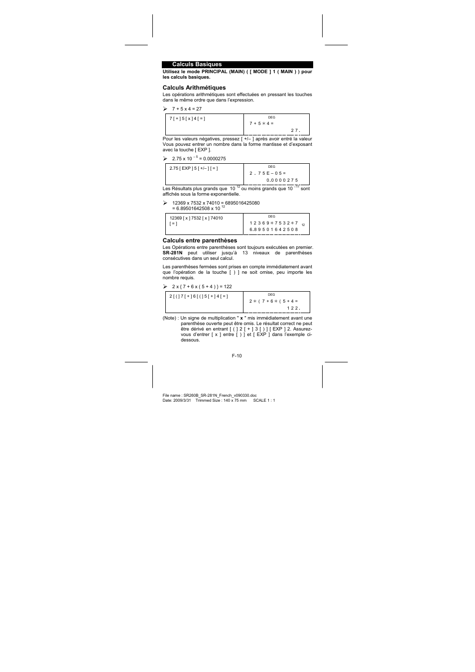 Calculs basiques, Calculs arithmétiques, Calculs entre parenthèses | CITIZEN SR-281N User Manual | Page 144 / 339
