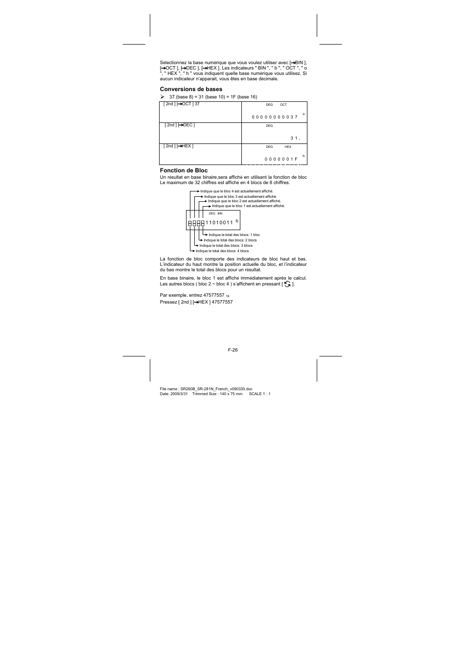Conversions de bases, Fonction de bloc | CITIZEN SR-281N User Manual | Page 160 / 339