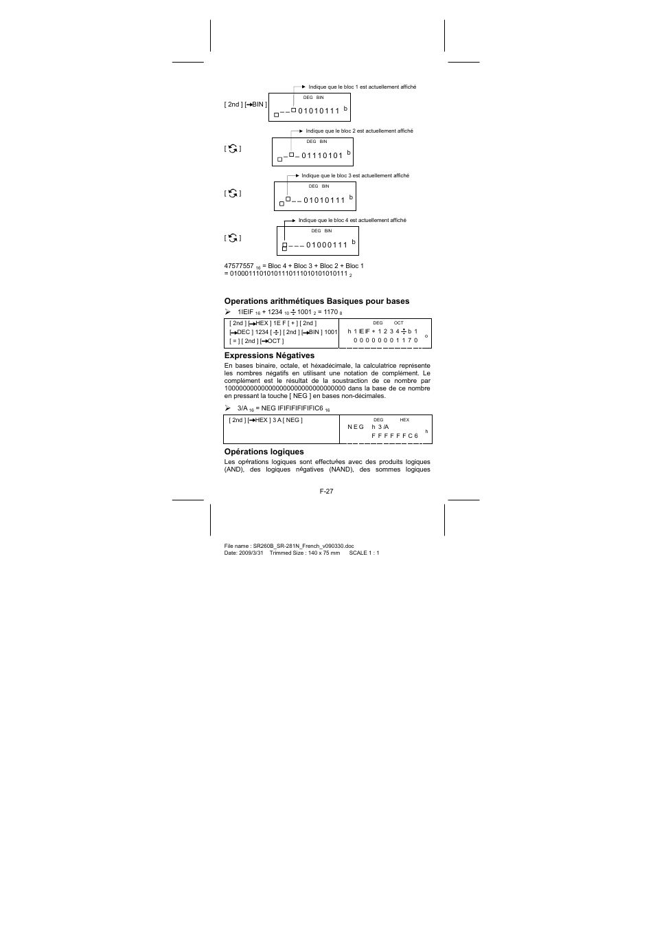 Operations arithmétiques basiques pour bases, Expressions négatives, Opérations logiques | CITIZEN SR-281N User Manual | Page 161 / 339